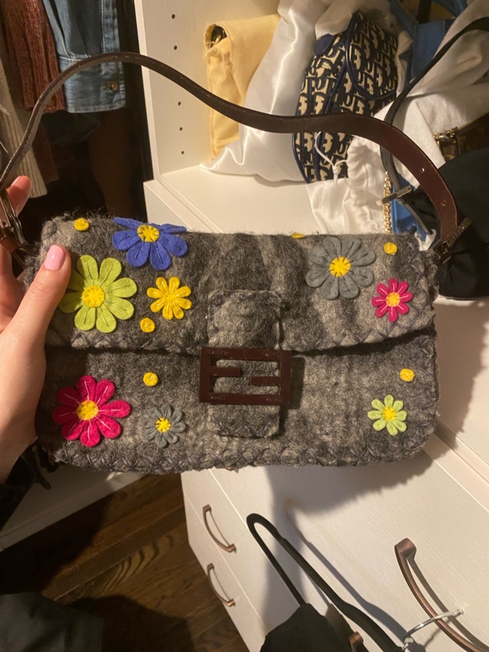 Fendi baguette Gray Felt Shoulder Bag with Multicolor Flower Appliqués